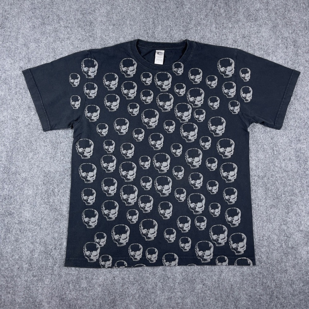 Y2K C-Logo Skull Graphic Tee Mens L Black All Over Print Crossbones T-Shirt